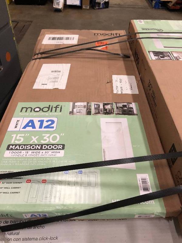 lot 107 image: Lot of 2  Modifi 0.75 in. D x 15 in. W x 30 in. H Madison Door Kit for Utility Wall Cabinet Melamine Closet System with Handle in White New