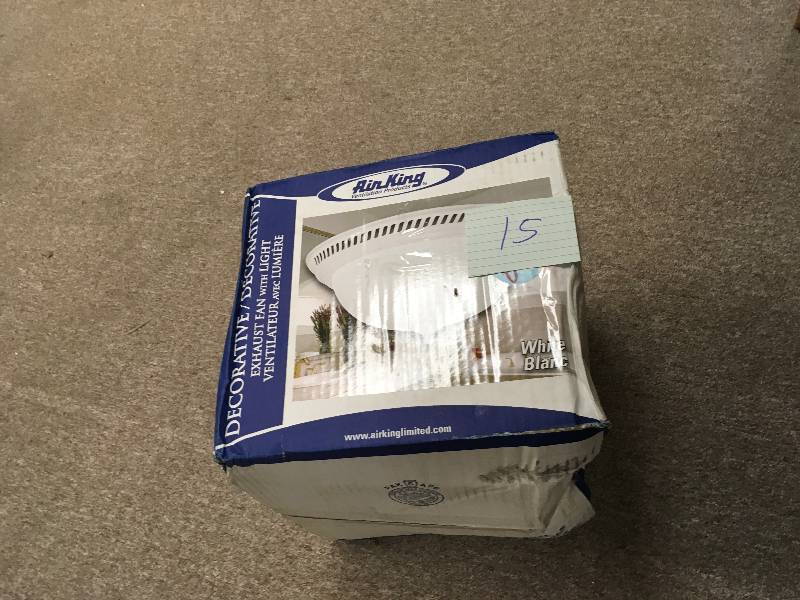 lot 15 image: Air King DRLC703 Decorative Round Quiet Exhaust Bath Fan with Light, 70-CFM, White Finish in like new condition