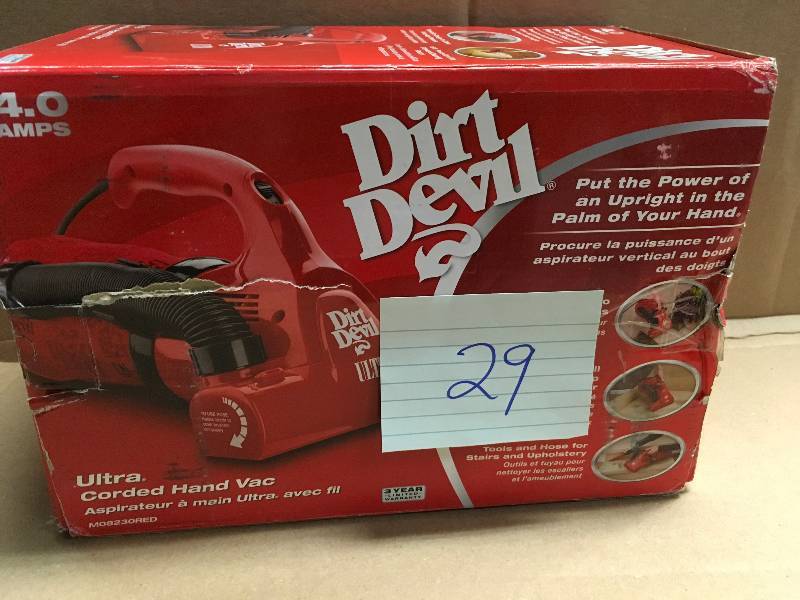 lot 29 image: Dirt Devil M08230RED Bagged Ultra Hand Vac - 4 amps, Red, On Board Tools, 16 Cord, Microfresh Filtration r in good working condition