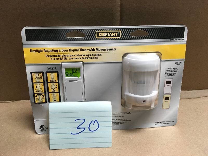 lot 30 image: DEFIANT 8 Amp 7-Day Indoor In-Wall SunSmart Digital Timer Switch with Motion Sensor, White in like new condition