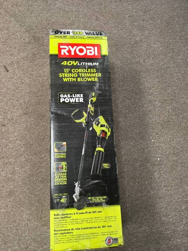 lot 45 image: Ryobi RY40920 40-Volt Cordless Lithium-Ion String Trimmer and Jet Fan Blower Combo Kit in like new condition