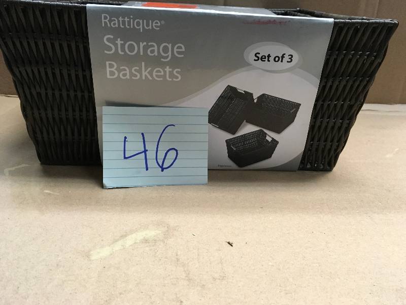 lot 46 image: STORAGE BASKET CONTAINER BOX SET BUILT-IN HANDLE DESIGN PLASTIC ESPRESSO 3 PIECE not Used