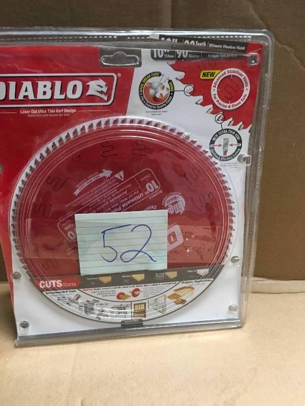 lot 52 image: Diablo D1090X 10 in. x 90 Tooth Ultimate Flawless Finish Circular Saw Blade in good condition