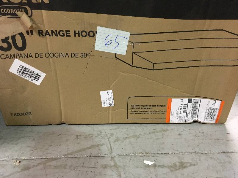 lot 65 image: Broan F40000 Series  F403023 30 Inch Under-Cabinet Range Hood not used