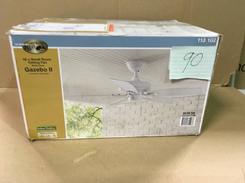 lot 90 image: Hampton Bay YG187-WH Gazebo II 42 in. IndoorOutdoor White Ceiling Fan in like new condition