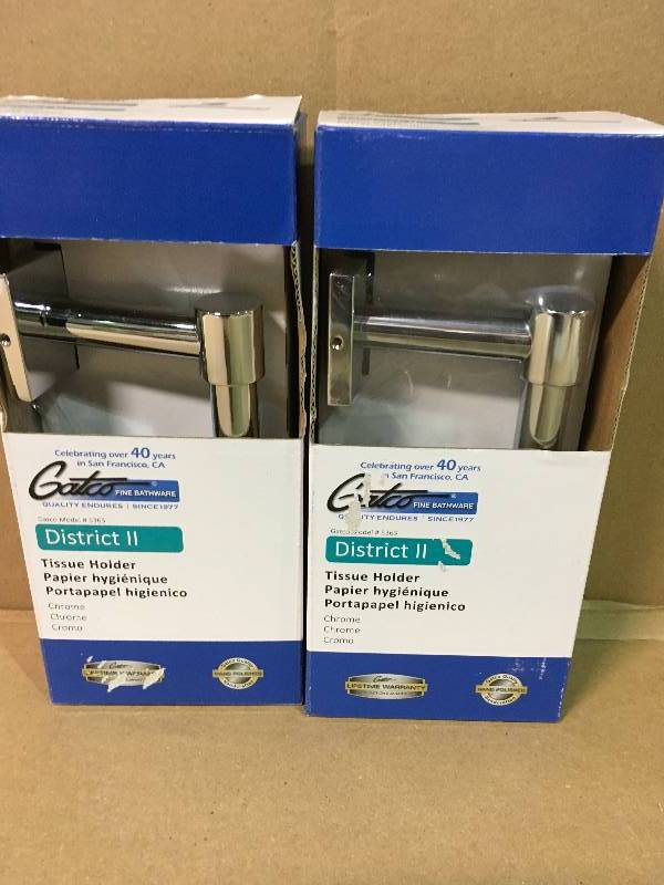 lot 92 image: District II Euro Toilet Paper Holder in Chrome LOT OF 2 new