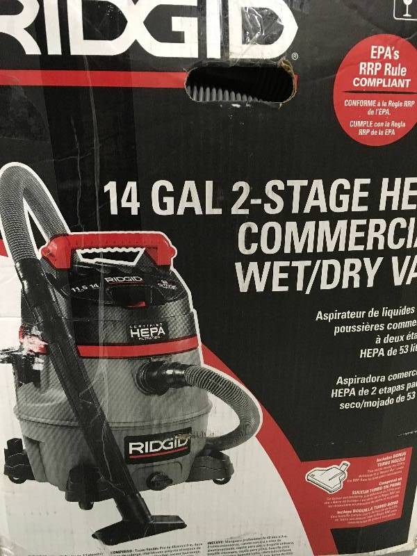 lot 98 image: Ridgid 50368 RV2400HF HEPA WetDry Vacuum, 14 gal, Red not used