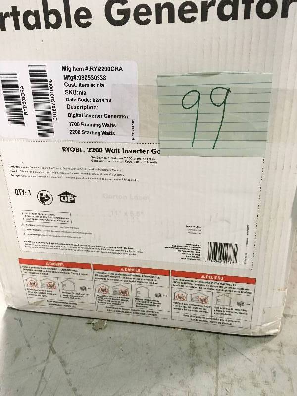 lot 99 image: Ryobi Gray Gasoline Powered Digital Inverter Generator 2,200-Watt in like new condition