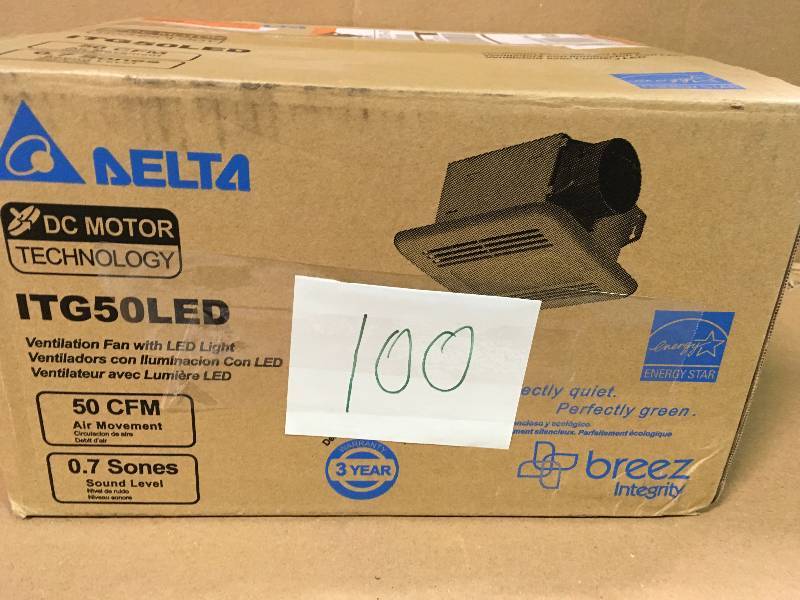 lot 100 image: Delta ITG50LED BreezIntegrity 50 CFM Exhaust Bath FanDimmable LED Light not used