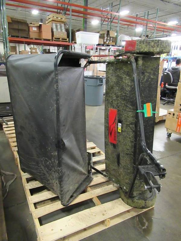 lot 98 image: USED - Ohio Steel, Brinly 42 Tow Behind Lawn sweeper, Model 42LS - Needs Plastic Bearing.