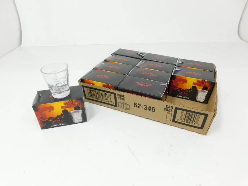 lot 2 image: Twelve Fireball Cinnamon Whiskey Etched Glass Shot Glasses