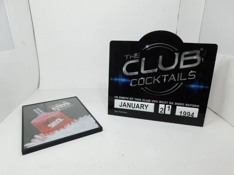 lot 4 image: Framed Take A Deep Breath Sign & The Club Cocktails Plastic Calendar Sign