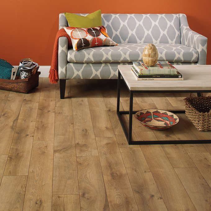 lot 19 image: Harmonics Newport Oak Laminate Flooring, Retail $29.99
