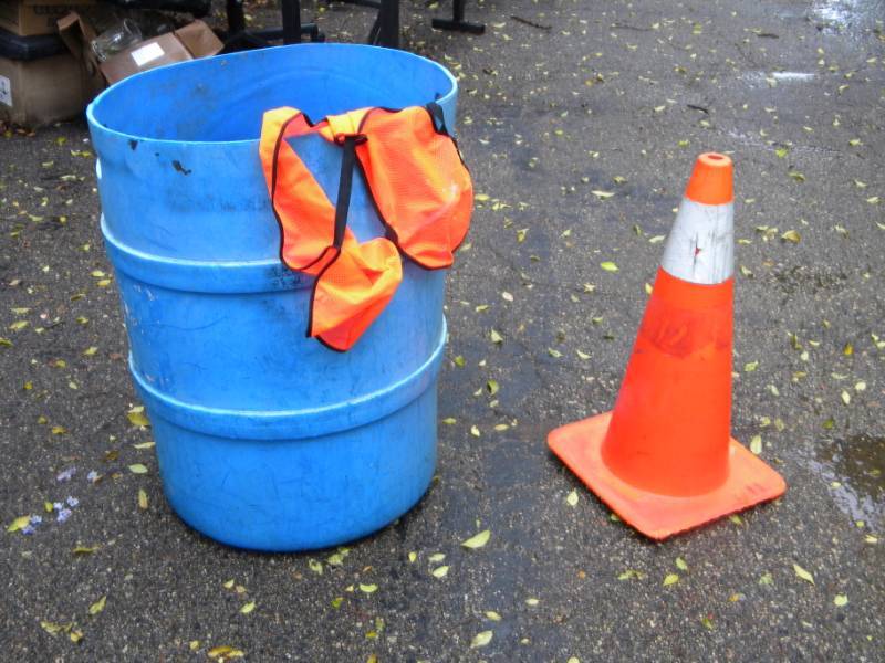 55 Gal. Drum with Top Cut Off, Safety Cone & Safety Vest