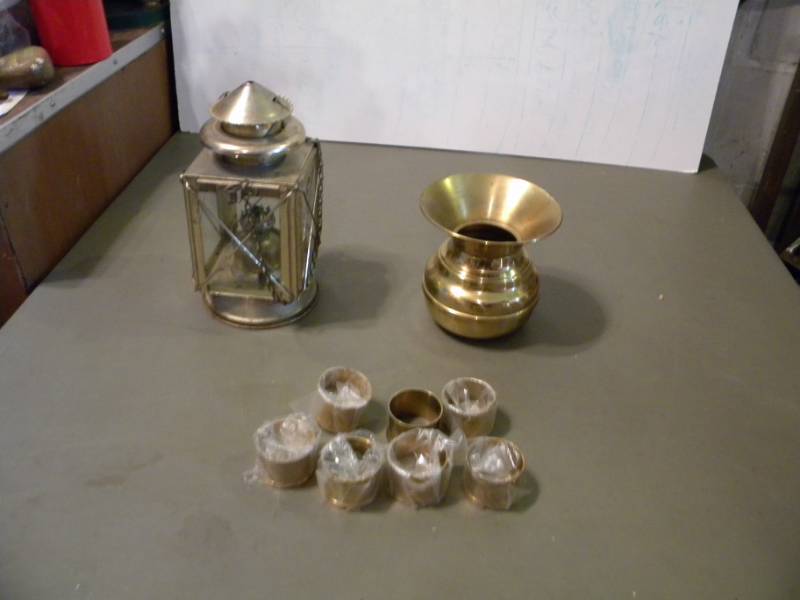 Brass Spittoon and Napkin Rings & Brass Colored Oil Lantern