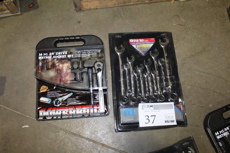 lot 37 image: Powerbuilt 14-Piece 38in. Drive Metric Socket Set, Great Neck 11-Piece SAE Combination Wrench Set