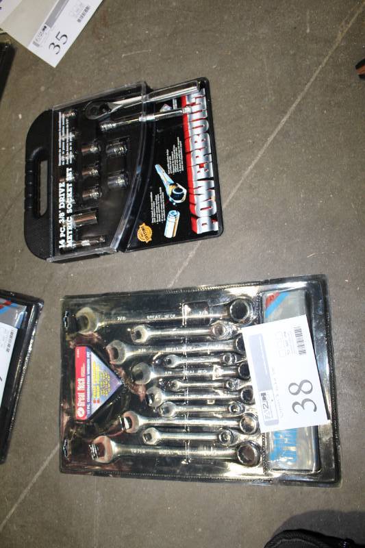 lot 38 image: Powerbuilt 14-Piece 38in. Drive Metric Socket Set, Great Neck 11-Piece SAE Combination Wrench Set