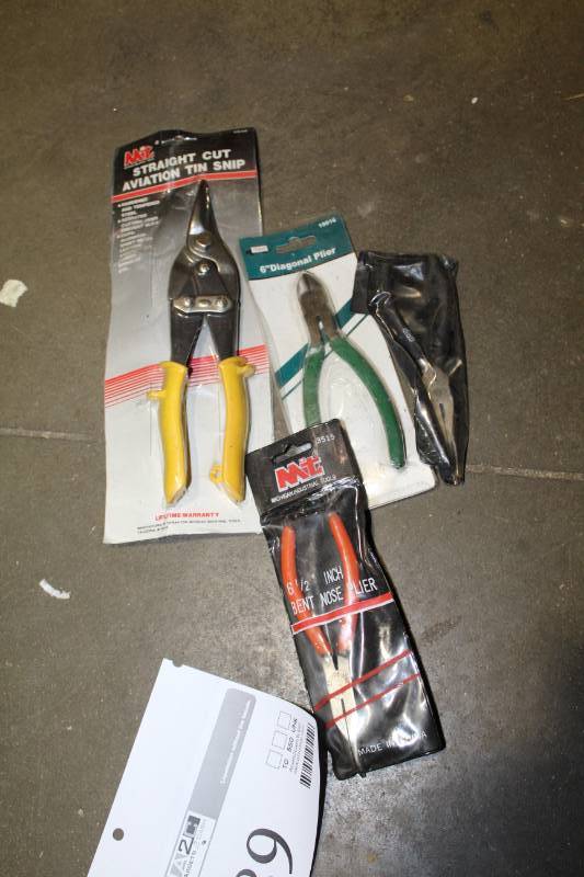 lot 89 image: Lot of (4) Hand Tools - MIT 6.5in. Bent Nose Plier, MIT Straight Cut Aviation Tin Snip, 6in. Diaginal Plier, Needle Nose Plier