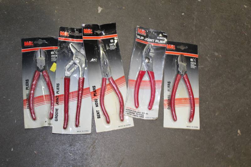 lot 62 image: Lot of (5) MIT Pliers - 6.5in. Diagonal, 6in. Slip Joint, 8in. Bent Nose, Groove Joint, 6.5in. Diagonal