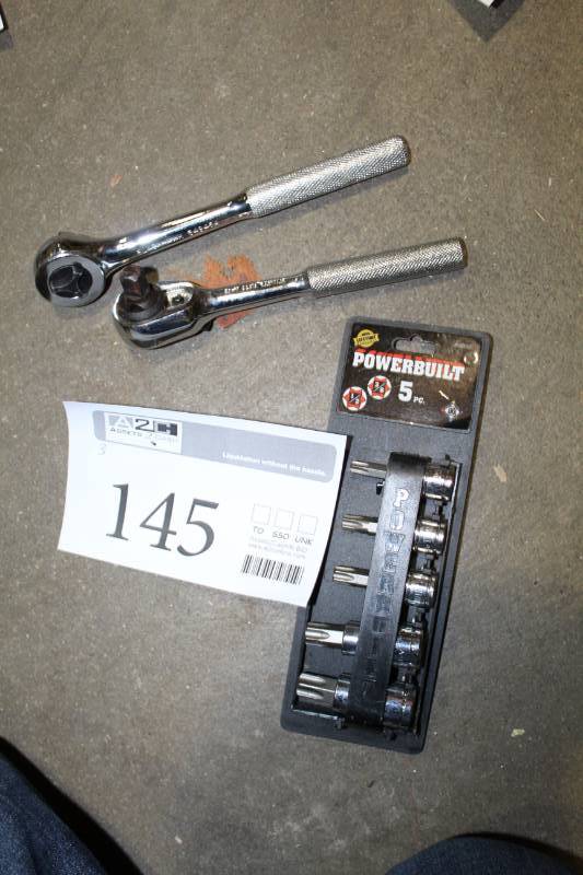 lot 145 image: Lot of (3) Hand Tools - Socket Ratchet, Socket Ratchet, Powerbuilt 5-Piece Star Bit Set