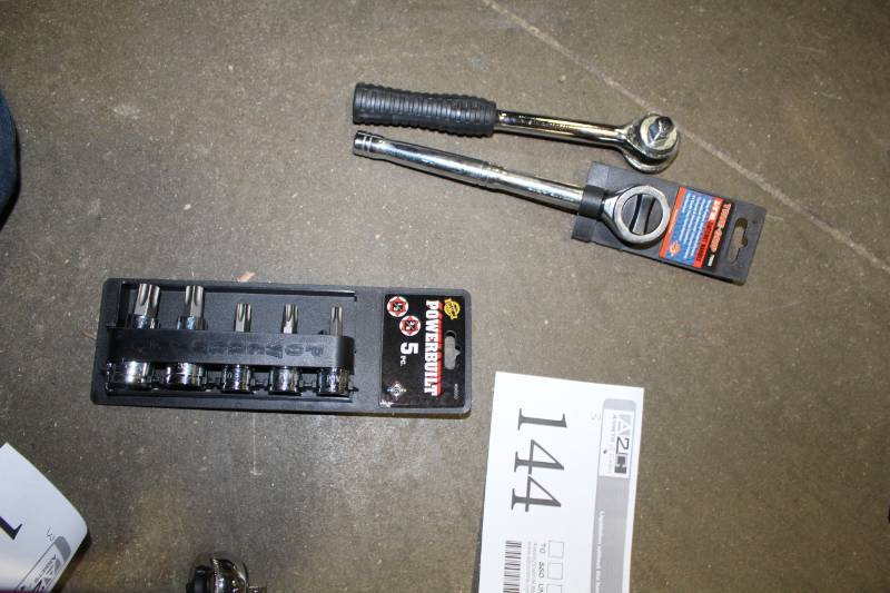 lot 144 image: Lot of (3) Hand Tools - True-Grip 38in. Drive Ratchet Handle, Socket Ratchet, Powerbuilt 5-Piece Star Bit Set