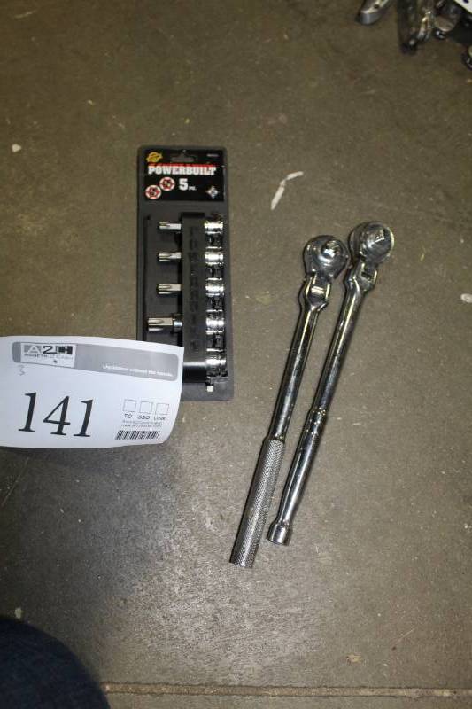 lot 141 image: Lot of (3) Hand Tools - 2) Socket Ratchets, Powerbuilt 5-Piece 12in., 38in. Drive Star Bits