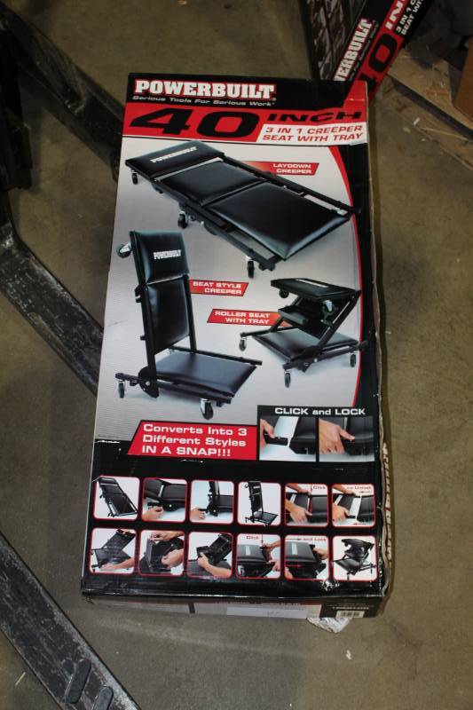 lot 2A image: Powerbuilt 40in. 3-in-1 Creeper Seat w Tray