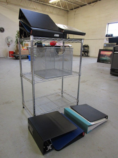 lot 348 image: STAINLESS STEEL STATIONARY SHELF  WIRE BASKET  ASSORTED 3-RING BINDERS
