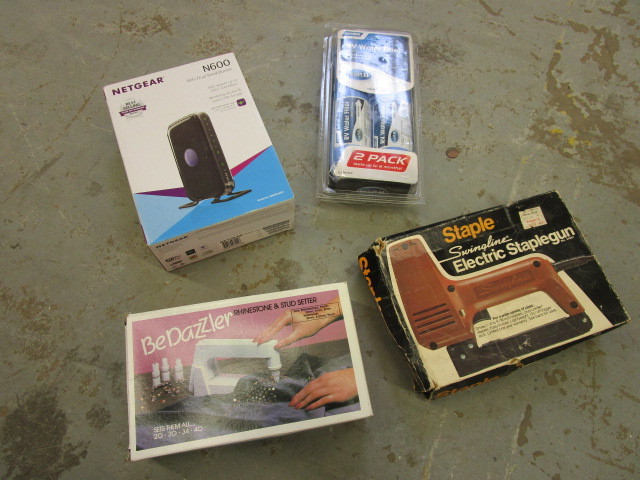 lot 357 image: ELECTRIC STAPLE GUN, RHINESTONE & STUD SETTER, WIFI ROUTER, RV WATER FILTER