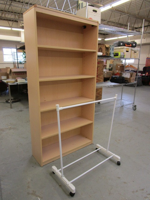lot 360 image: WOOD LAMINATE SHELF & ROLLING QUILT RACK