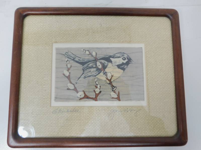 lot 6 image: Joan Gray Batik Original Chickadee Pencil Signed fabric art
