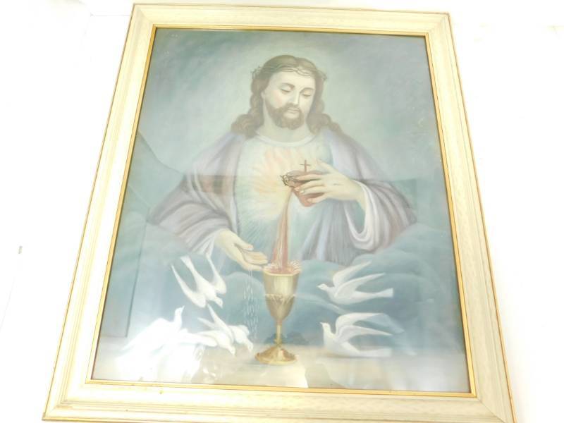 lot 94 image: HUGE Lithograph Christ Chalice Sacred Bleeding Heart Doves Pastel Framed