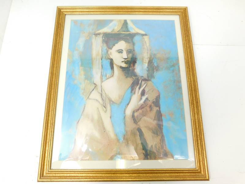 lot 91 image: Picasso Woman wearing Mosquito Net hat Blue & White Lithograph