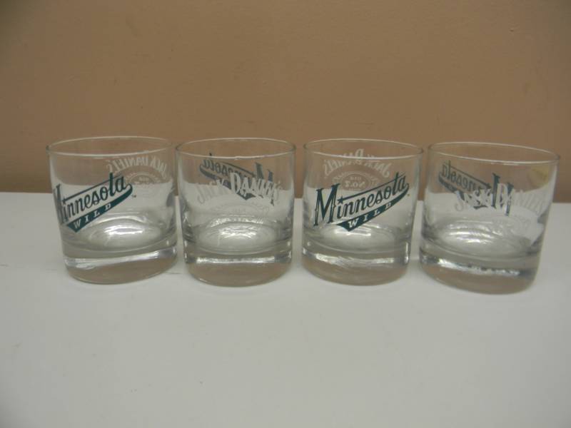 lot 38 image: NOS - MINNESOTA WILD  JACK DANIELS OLD NO. 7 LOW BALL WHISKEY GLASSES - NEW - SEE PICTURES
