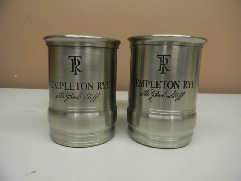 lot 56 image: RARE - NOS - 4 TEMPLETON RYE WHISKEY - THE GOOD STUFF - STAINLESS STEEL GOBLETS - SEE PICTURES