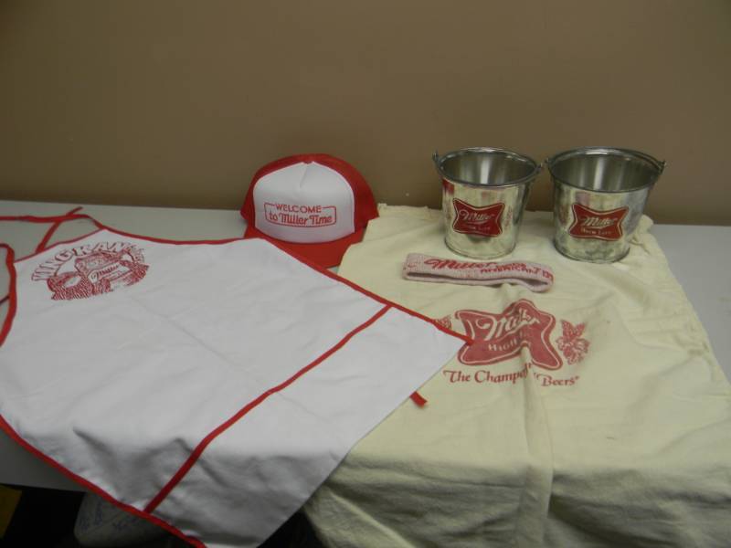 lot 71 image: VINTAGE NOS MILLER HIGH LIFE COLLECTION - HAT, HEAD BAND, APRON, DUFFEL BAG & ICE BUCKETS - SEE PICTURES