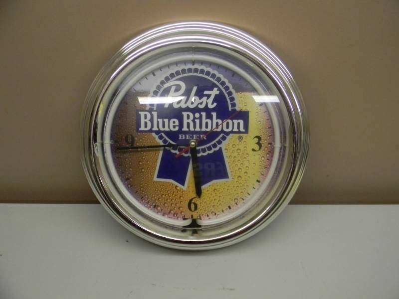 lot 78 image: VINTAGE PABST BLUE RIBBON BEER NEON CLOCK - WILL NEED A NEW POWER CORD - APPROX 15 ROUND - SEE PICTURES