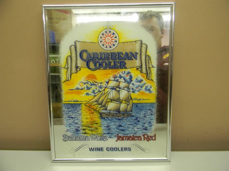 lot 80 image: VINTAGE CARIBBEAN COOLER BAR SIGNMIRROR - VERY COOL - APPROX 12 BY 14 - SEE PICTURES