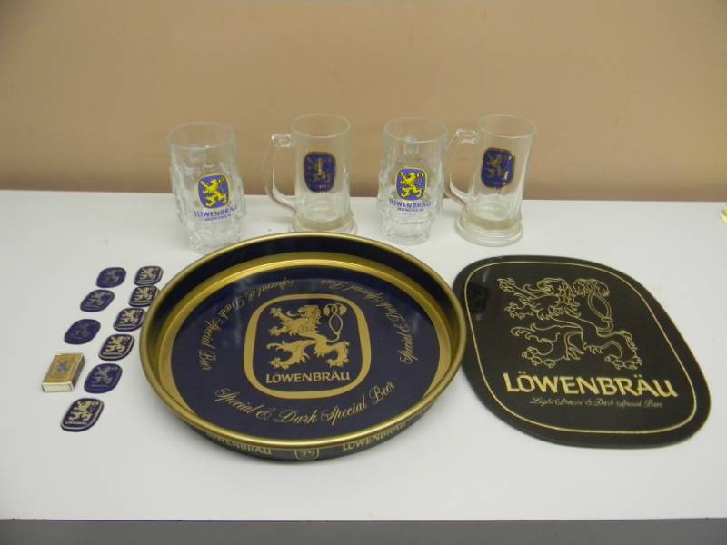 lot 85 image: VINTAGE LOWENBRAU BEER COLLECTION - RARE VINTAGE PLAQUE, TRAY, GLASSES - NICE COLLECTION - SEE PICTURES