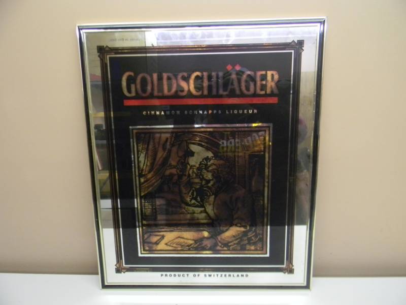 lot 87 image: VINTAGE GOLDSCHLAGER CINNAMON SCHNAPPS LIQUEUR SIGNMIRROR - APPROX 20 BY 24 - SEE PICTURES