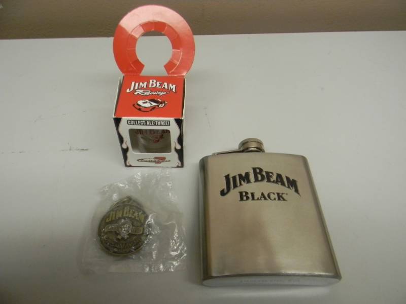 lot 94 image: NOS JIM BEAM FLASK, KEY CHAIN & SHOT GLASS - SEE PICTURES