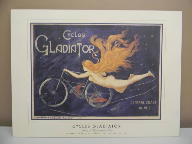 lot 97 image: Cycles Gladiator Vintage Poster Fine Art Print On Foam Board 1890s French advertising poster for Gladiator Bicycles - READY TO HANG OR FRAME - NOS NICE PIECE - APPROX 24 BY 18 - SEE PICTURES