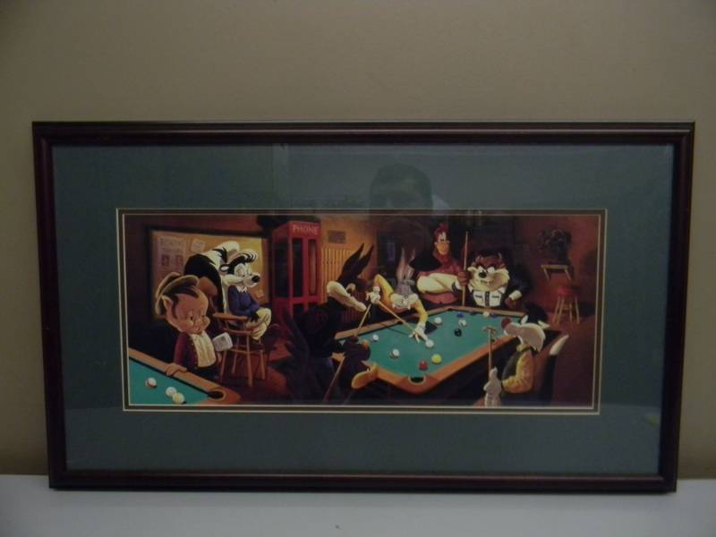 lot 117 image: Looney Toons Billiards - Vintage 1994 Warner Bros Bugs Bunny Taz ETC - Rare - PROFESSIONALLY FRAMED  APPROX 31 BY 18 - SEE PICTURES