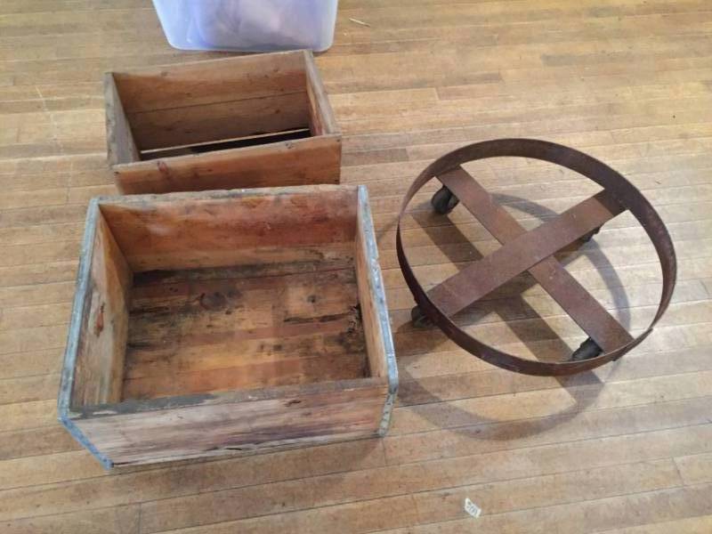 lot 138 image: 2 Wood Boxes & Metal Circle on Wheels