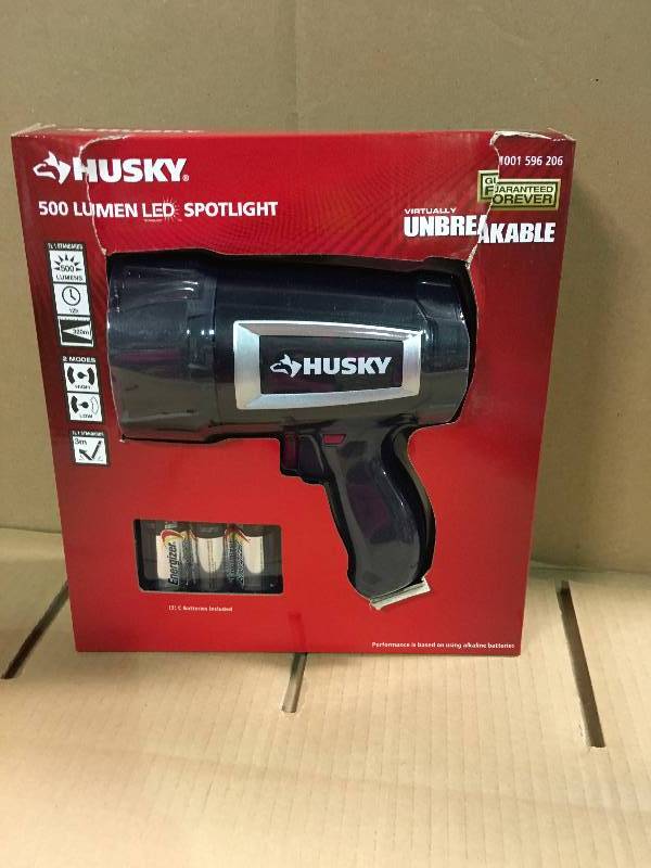 lot 22 image: HUSKY 500 Lumen LED SPOTLIGHT 1001 596 206 Virtually Unbreakable WITH BATTERIES not used