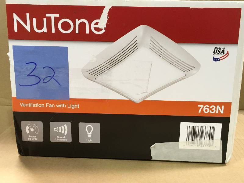 lot 32 image: NUTONE 50 CFM Ceiling Exhaust Bath Fan with Light  in good condition