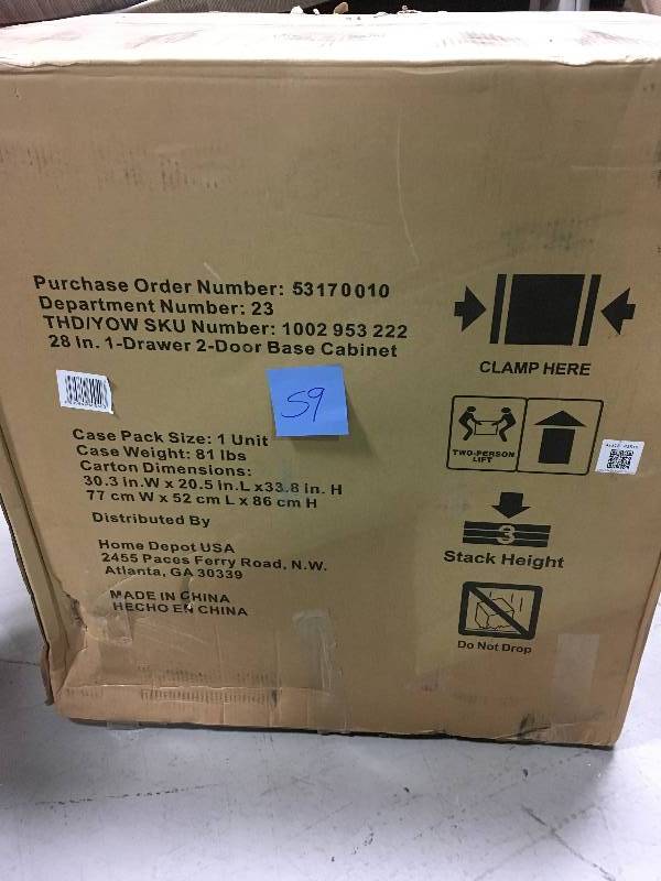 lot 59 image: HUSKY 33 in. H x 28 in. W x 18 in. D 1-Drawer 2-Door Steel Garage Base Cabinet not used