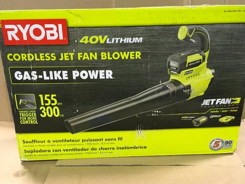 lot 63 image: Ryobi 155 MPH 300 CFM 40-Volt Lithium-Ion Cordless Jet Fan Blower - 2.6 Ah Battery and Charger Included  in good condition
