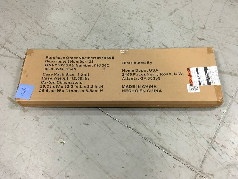 lot 97 image: HUSKY 9 in. H x 36 in. W x 9 in. D Steel Garage Wall Shelf  LOT OF 2 not used