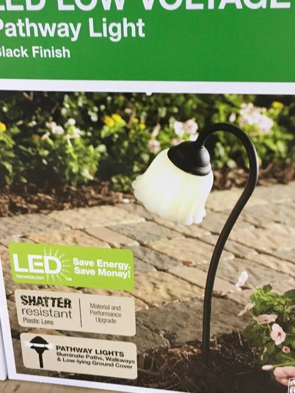 lot 99 image: LOT OF TWO Low-Voltage Black Outdoor Integrated LED Black Landscape Path Light with White Tulip Shade not used